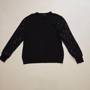 Adrianna Papell Women’s Mock Ruffle Neck Sequin Sleeve Sweater Size Large‎ Black
